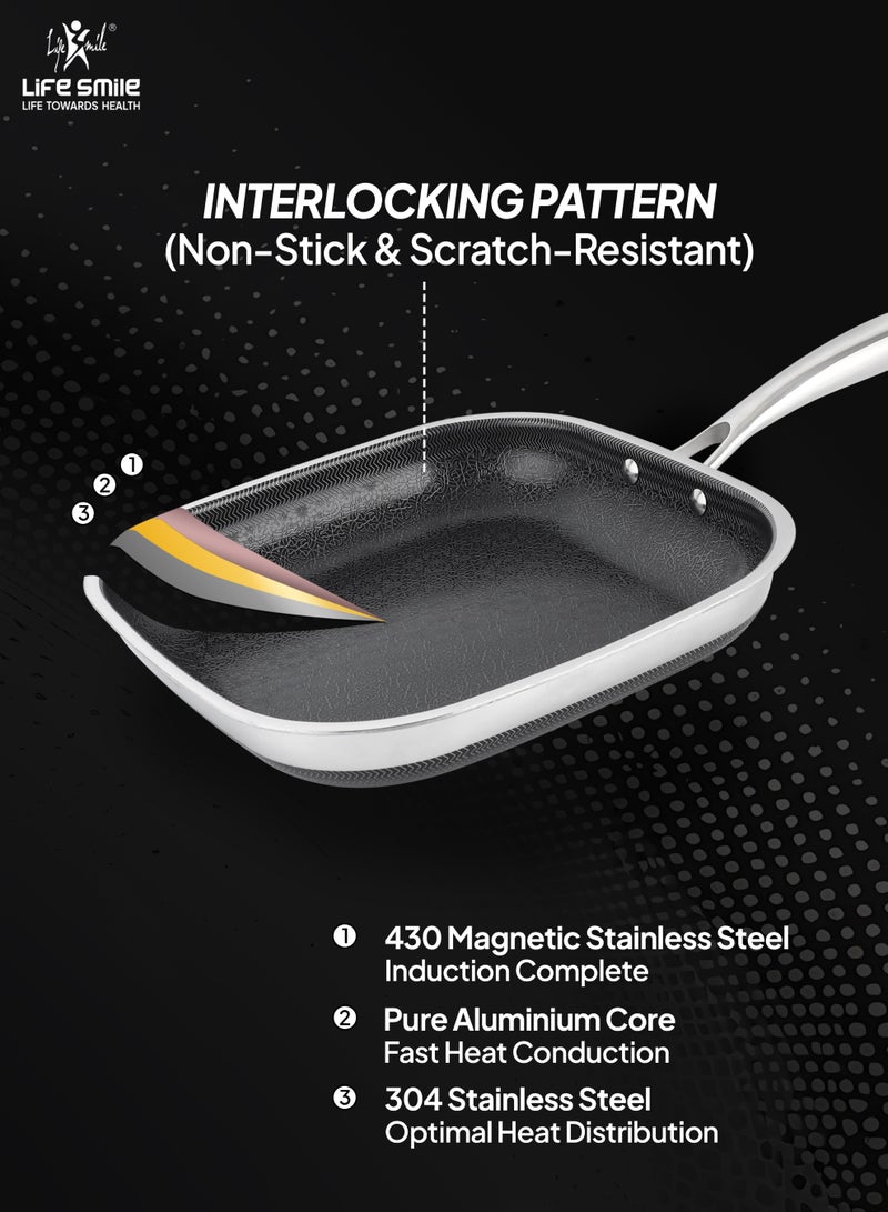 Life Smile 30cm Hybrid Stainless Steel Square Non-Stick Fry Pan with Induction Base (2.8L) - Image 4